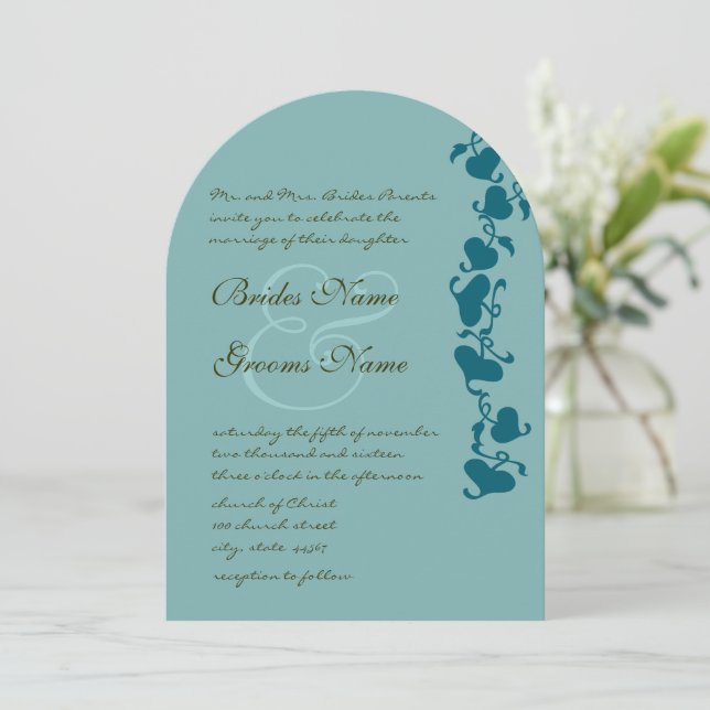 Rustic Die Cut Aqua Blue Hearts Wedding Invitation (Standing Front)
