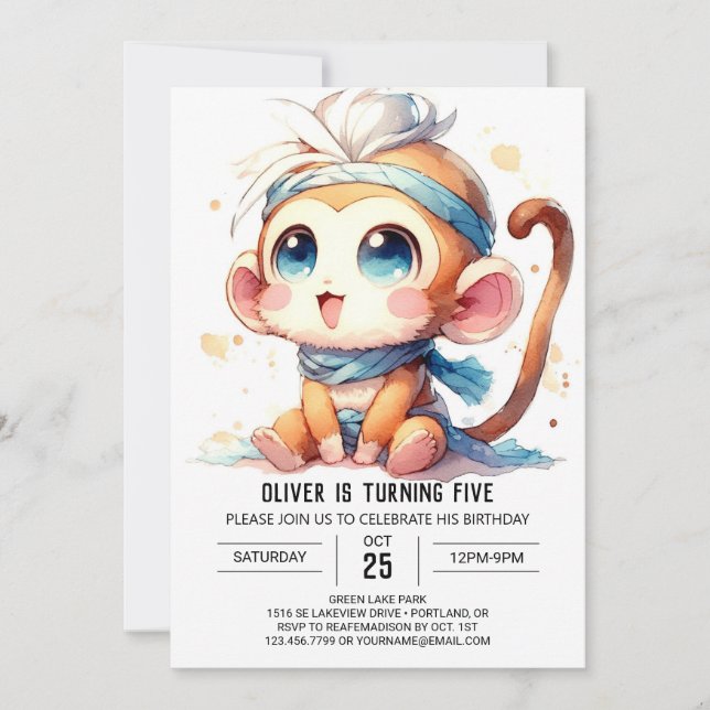 Rustic Digital Monkey Birthday Invitation (Front)