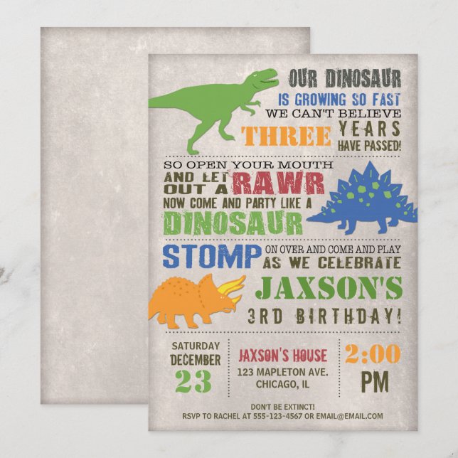 Rustic dinosaur birthday invitation boy first 1st (Front/Back)