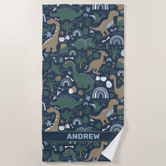 Rustic Dinosaur Forest Prehistoric Personalised Beach Towel (Front)