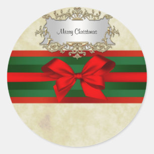 Rustic Distressed 2, Red & Green Ribbon Christmas Classic Round Sticker