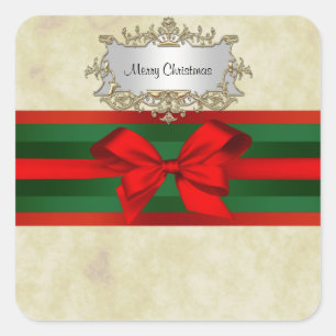 Rustic Distressed 2, Red & Green Ribbon Christmas Square Sticker