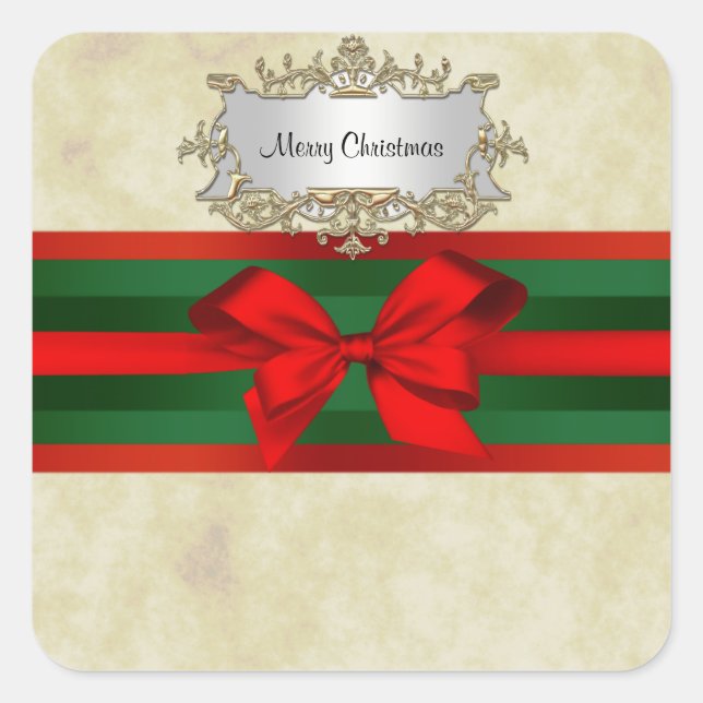 Rustic Distressed 2, Red & Green Ribbon Christmas Square Sticker (Front)