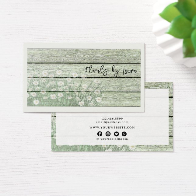 Rustic Distressed Green Wood Floral Business Cards (Desk)