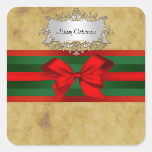 Rustic Distressed, Red & Green Ribbon Christmas Square Sticker
