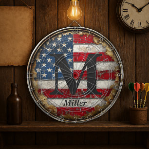 Rustic Distressed USA Flag 4th Of July Monogrammed Dartboard