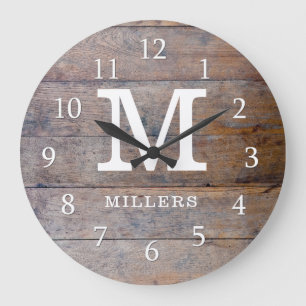 Rustic Distressed Wood Family Name Monogrammed Large Clock