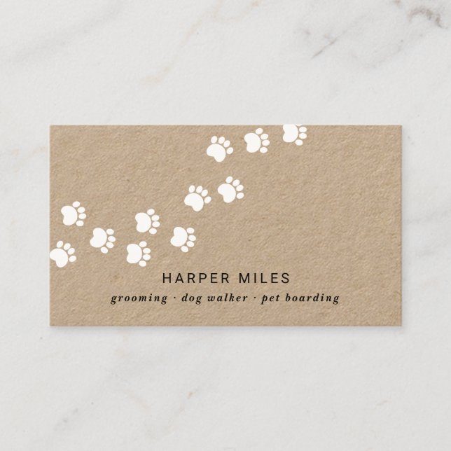 Rustic dog boarding professional white paw path business card (Front)