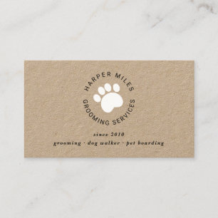 Rustic dog grooming paw print kraft business card