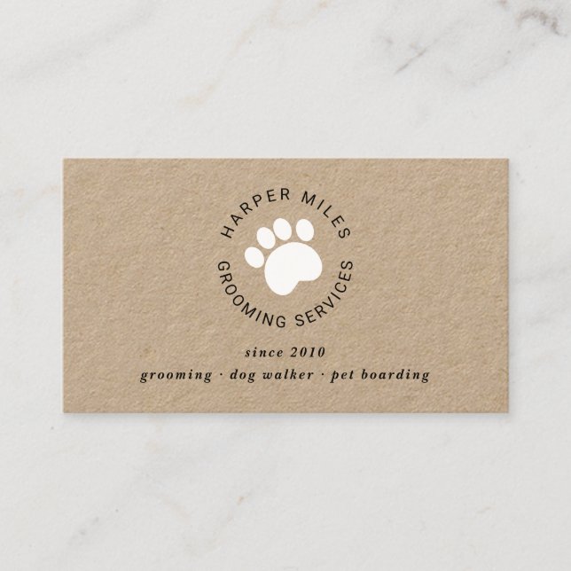 Rustic dog grooming paw print kraft business card (Front)