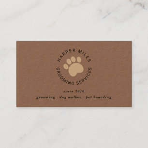 Rustic dog grooming paw print kraft business card