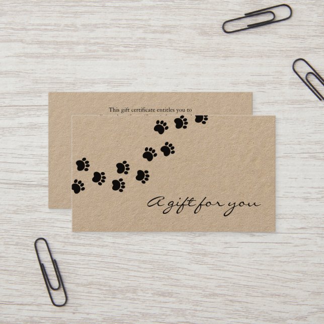 Rustic dog paw path kraft paper gift certificate (Front/Back In Situ)
