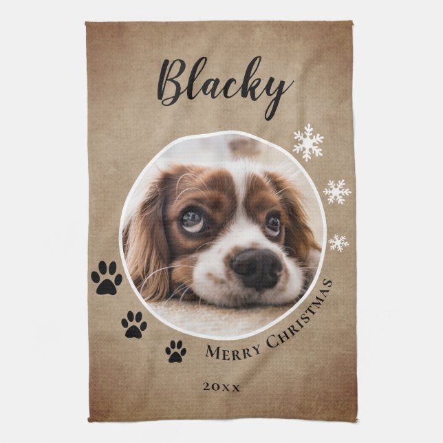 Rustic Dog Pet Photo Merry Christmas Tea Towel (Vertical)
