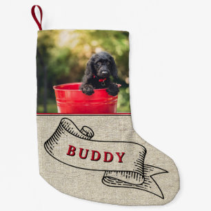 Rustic Dog Photo and Name Festive Ribbon Small Christmas Stocking