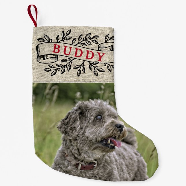Rustic Dog Photo and Name Festive Ribbon Small Christmas Stocking (Front)
