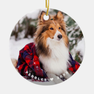 Rustic Dog Photo Name Red Buffalo Plaid Holiday Ceramic Tree Decoration