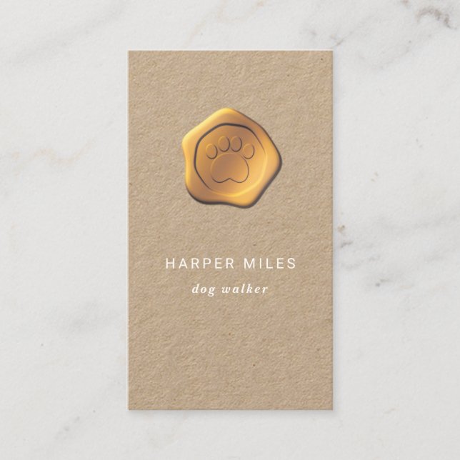 Rustic dog sitter gold paw wax seal/ stamp business card (Front)