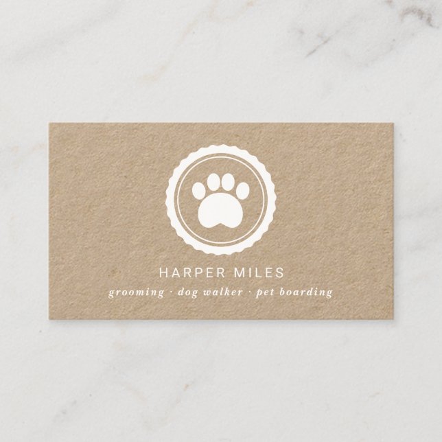 Rustic dog sitter paw print label business card (Front)