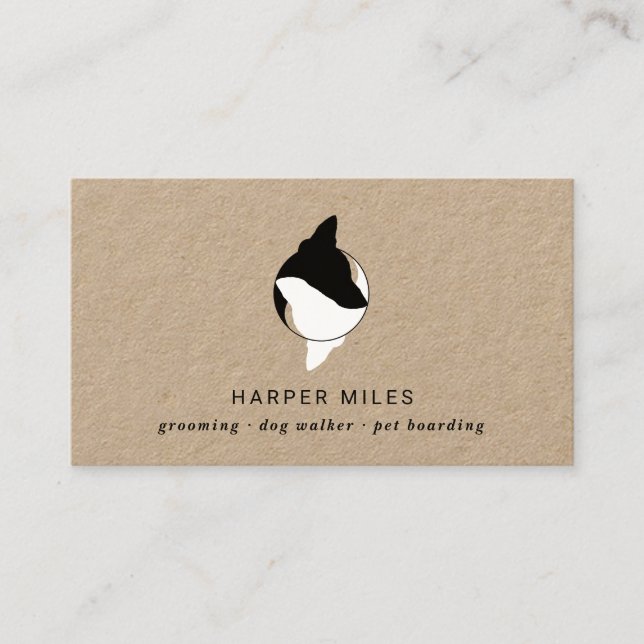 Rustic dog yin and yang symbol logo dog sitter business card (Front)