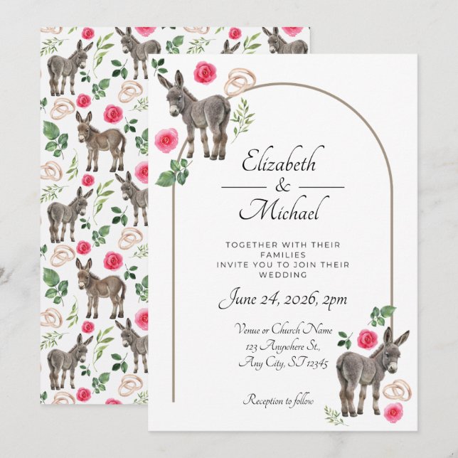 Rustic Donkey Floral Pink Wedding Invitation (Front/Back)