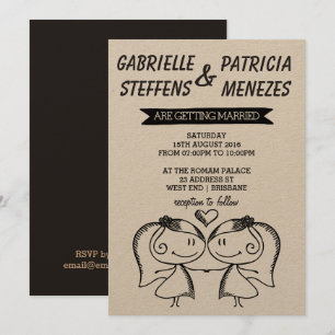 Rustic Doodle Couple Lesbian Wedding Invitation
