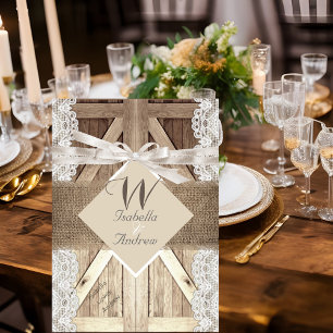 Rustic Door Wedding Beige Lace Wood Burlap Writing Invitation