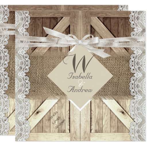 Image of Rustic Door Wedding Beige Lace Wood Burlap Writing Invitation