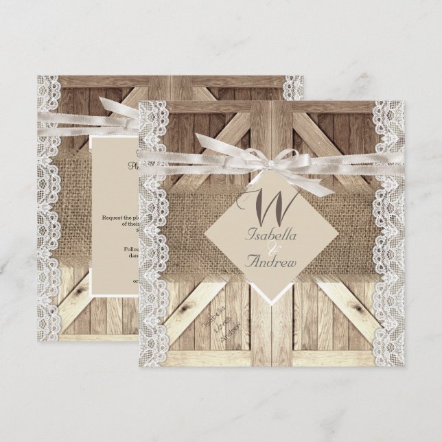 Rustic Door Wedding Beige Lace Wood Burlap Writing Invitation (Front/Back)
