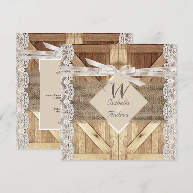 Rustic Door Wedding Beige White Lace Wood Burlap Invitation (Front/Back)