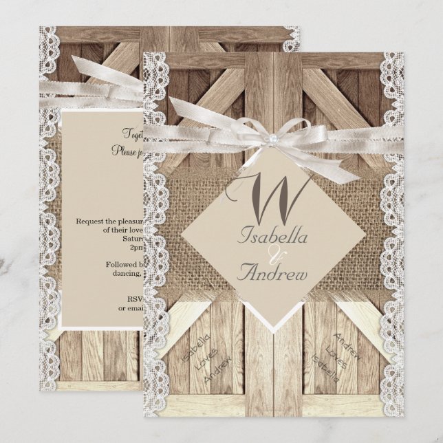 Rustic Door Wedding Lace Wood Burlap Writing 2a Invitation (Front/Back)