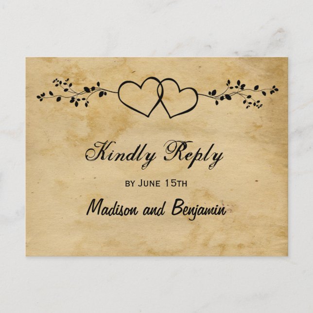 Rustic Double Hearts Wedding RSVP POSTCARDS (Front)
