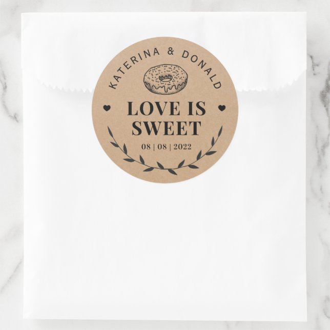 Rustic Doughnut Love is Sweet Wedding Kraft  Classic Round Sticker (Bag)
