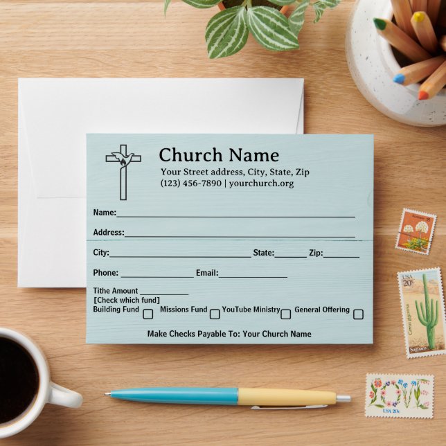 Rustic Dove Cross Blue Church Tithe Offering Envelope (Desk)