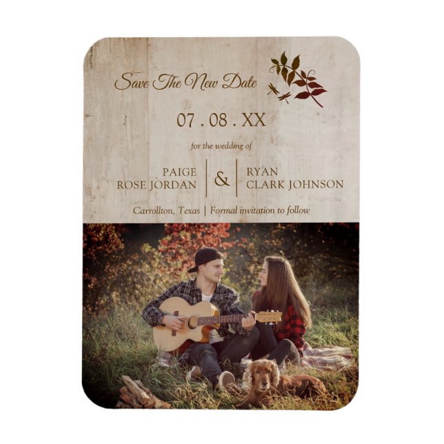 Rustic Dragonfly on Wood with Engaged Couple Photo Magnet (Vertical)