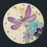 Rustic Dragonfly Purple Flowers Blue Wood Shabby Large Clock<br><div class="desc">Rustic wood look Dragonfly and flowers themed wall clock. The colours are purple,  green,  blue and cream. It also features a modern colour co-ordinated dot set instead of clock numbers,  a design element unique to this store and designer.</div>