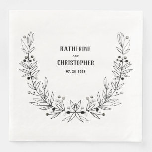 Rustic Drawn Stem Leaf Berries Wreath Crest Napkin