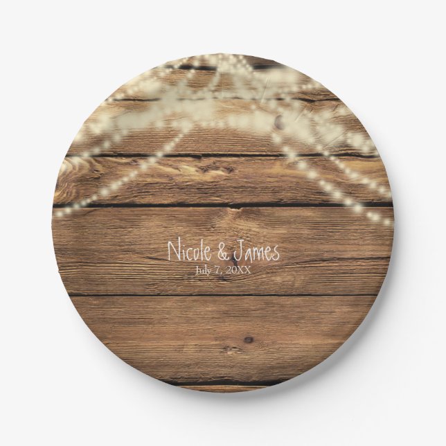 Rustic Dreamy Lights & Wood Rustic Wedding Paper Plate (Front)