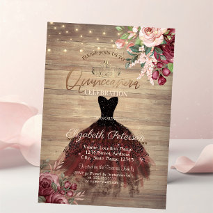 Rustic Dress,Tiara,Lights Floral Wood Quinceañera Invitation