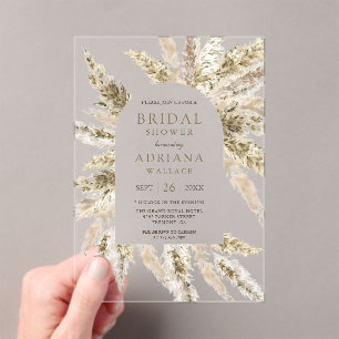 Rustic Dried Boho Pampas Grass Arch Bridal Shower Acrylic Invitations