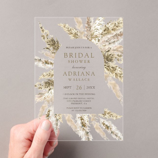 Rustic Dried Boho Pampas Grass Arch Bridal Shower Acrylic Invitations (Insitu (Handheld))