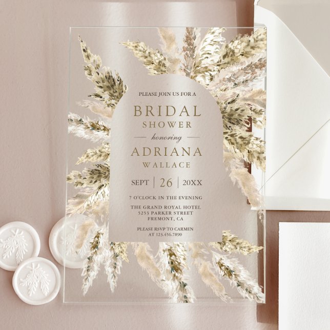 Rustic Dried Boho Pampas Grass Arch Bridal Shower Acrylic Invitations (Creator Uploaded)