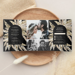 Rustic Dried Boho Pampas Grass Black Arch Wedding Tri-Fold Invitation