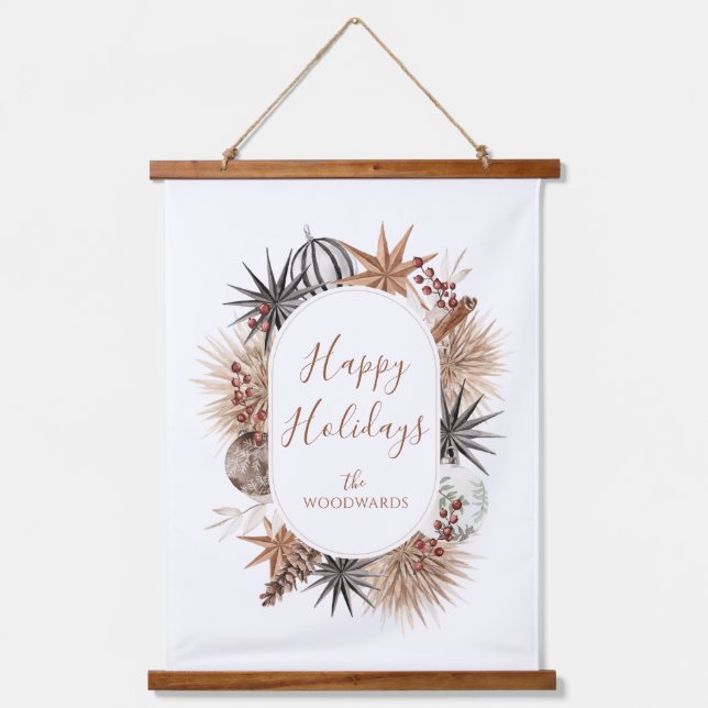 Rustic Dried Botanicals Happy Holidays Hanging Tapestry (Front)