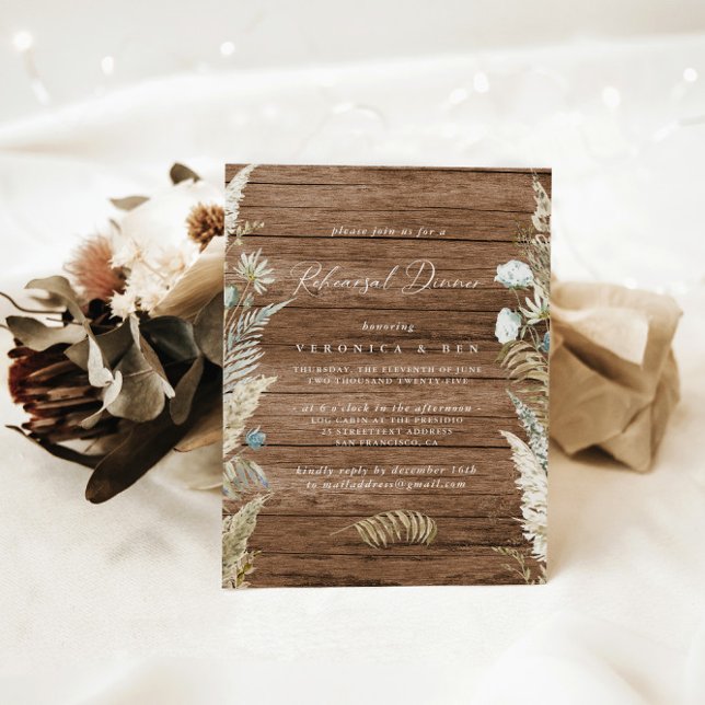 Rustic Dried Greenery & Wood Rehearsal Dinner Invitation (Rustic Dried Greenery & Wood Rehearsal Dinner Invitation)