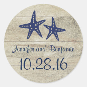Rustic Driftwood Nautical Beach Navy Starfish Classic Round Sticker