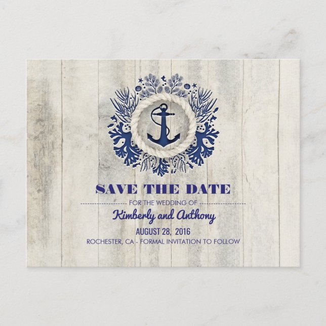 Rustic Driftwood Nautical Navy Beach Save the Date Announcement Postcard (Front)