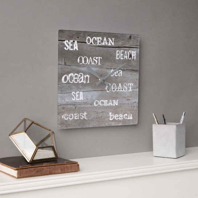 Rustic driftwood ocean beach handwritten script square wall clock (Office)