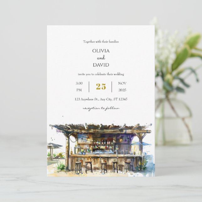 Rustic Driftwood Tropical Tiki Bar Beach Wedding  Invitation (Standing Front)