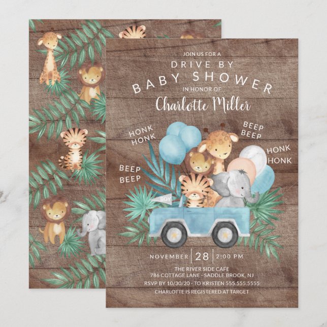 Rustic Drive By Jungle Animals Boys Baby Shower Invitation (Front/Back)