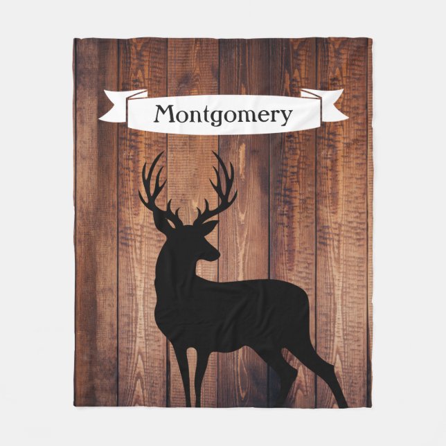 Rustic Drk Wood Black Buck Deer Ribbon Family Name Fleece Blanket (Front)